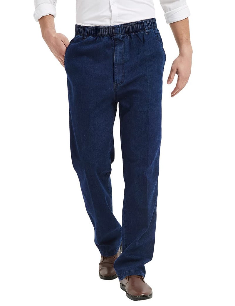 IDEALSANXUN Elastic Waist Jeans for Men Casual Loose Fit Pull On Jeans Denim Pants(Dark Blue, 42x30) - Image 1